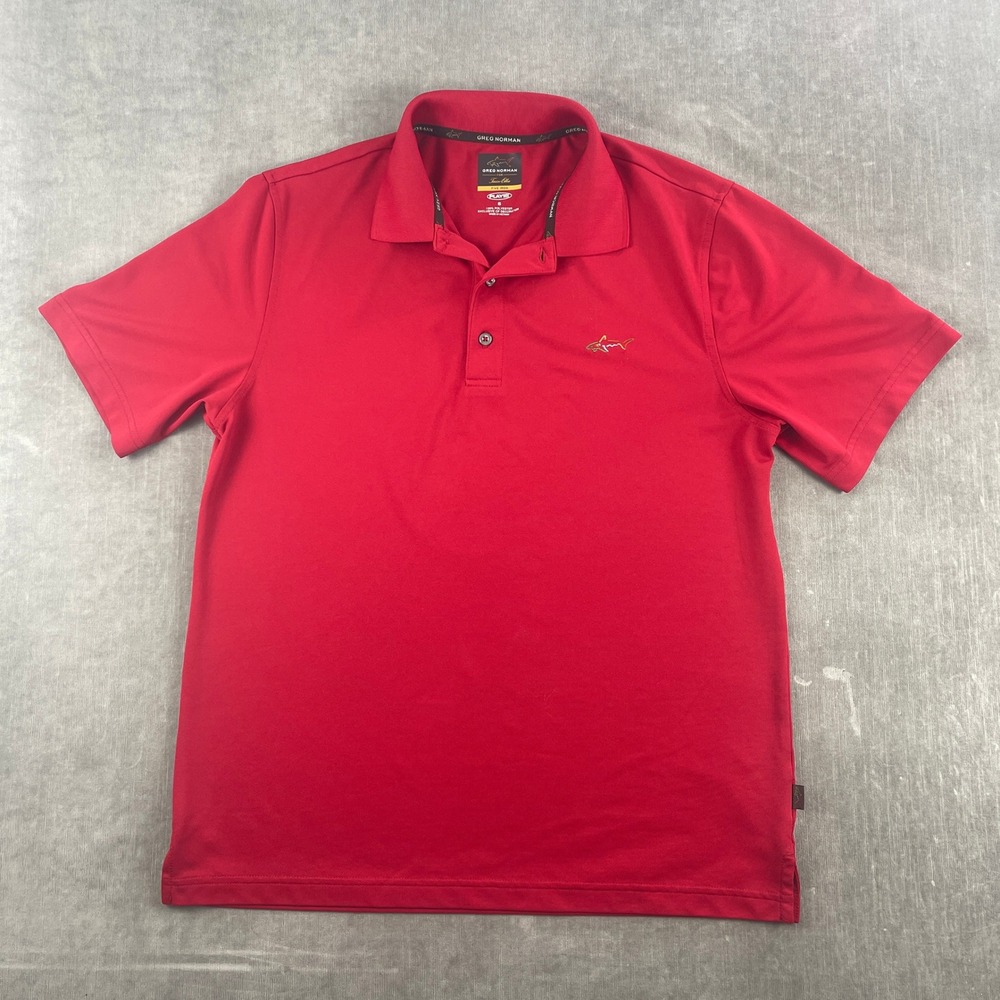 Greg Norman Mens Small Red Polo Shirt Play Dry Five Iron Shark Logo